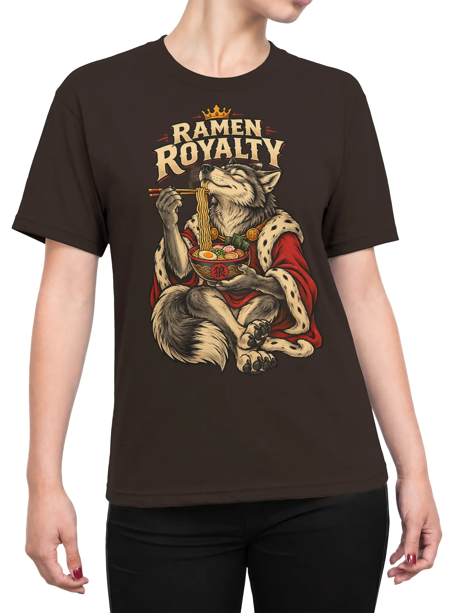 Female torso wearing a brown T-shirt with a crowned wolf eating ramen and Ramen Royalty lettering