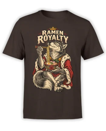 Crowned gray wolf in red royal robes eating ramen on a brown Ramen Royalty graphic T-shirt