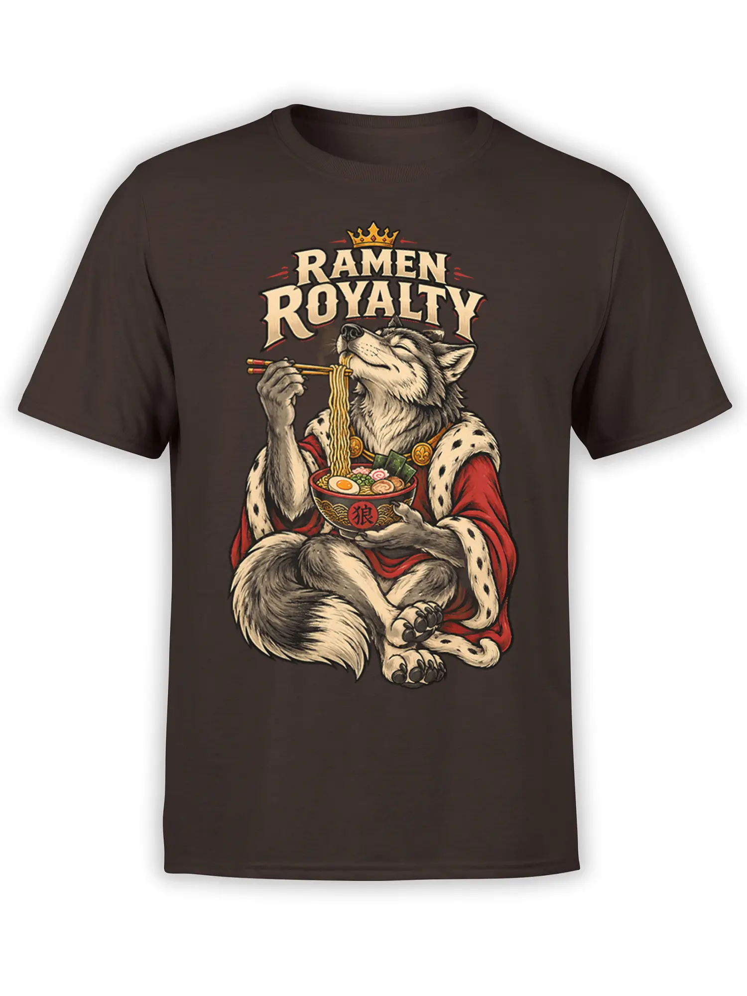 Crowned gray wolf in red royal robes eating ramen on a brown Ramen Royalty graphic T-shirt