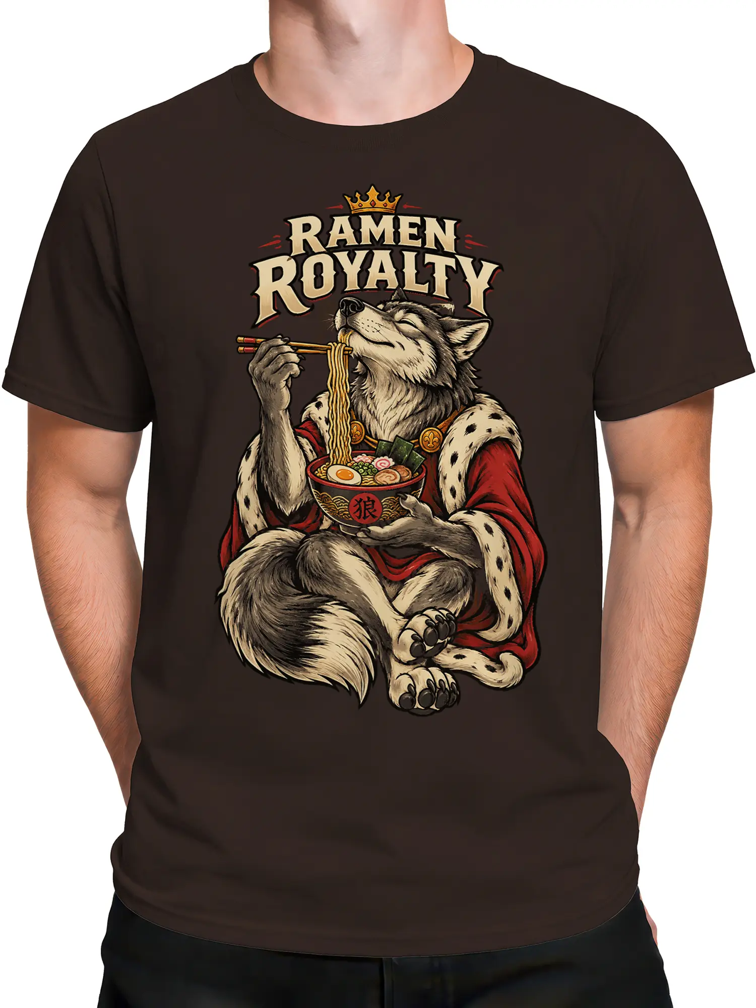 Male torso wearing a brown Ramen Royalty T-shirt with a crowned wolf and ramen bowl design
