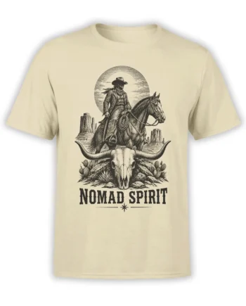 Beige western t-shirt with cowboy on horseback, desert cacti, bull skull, and Nomad Spirit lettering