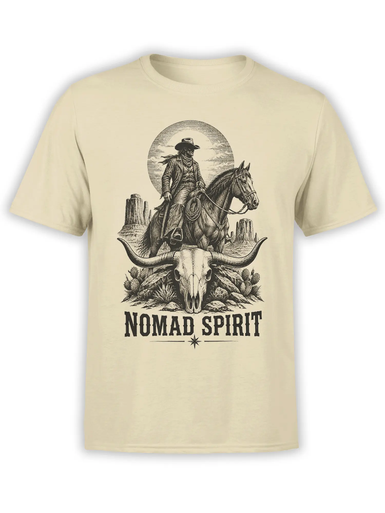 Beige western t-shirt with cowboy on horseback, desert cacti, bull skull, and Nomad Spirit lettering
