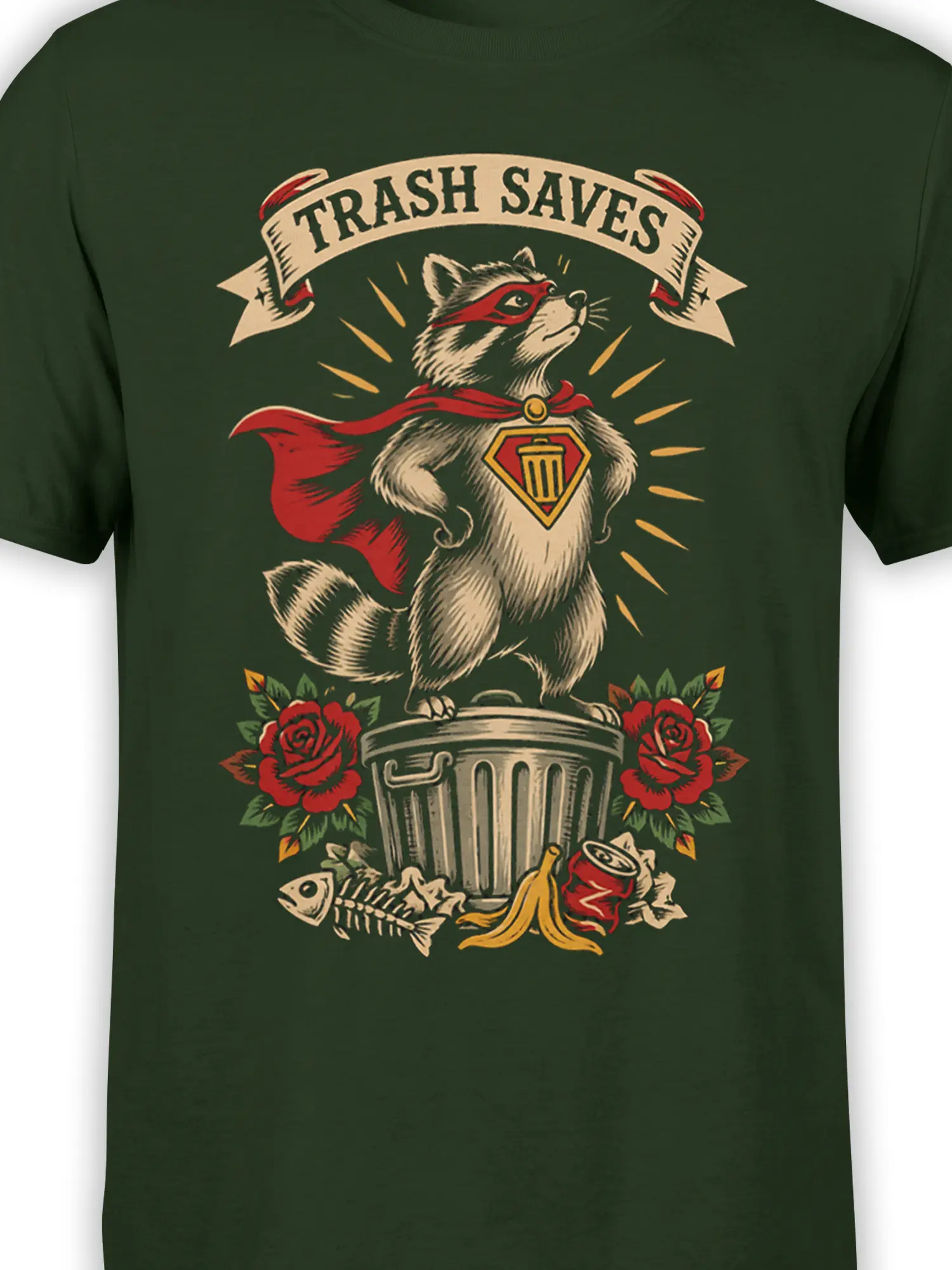Close-up of masked raccoon superhero artwork with red cape and “TRASH SAVES” banner on green fabric