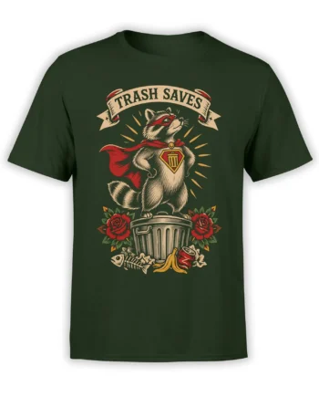 Vintage superhero raccoon graphic with red cape, roses, and “TRASH SAVES” banner on a green T-shirt