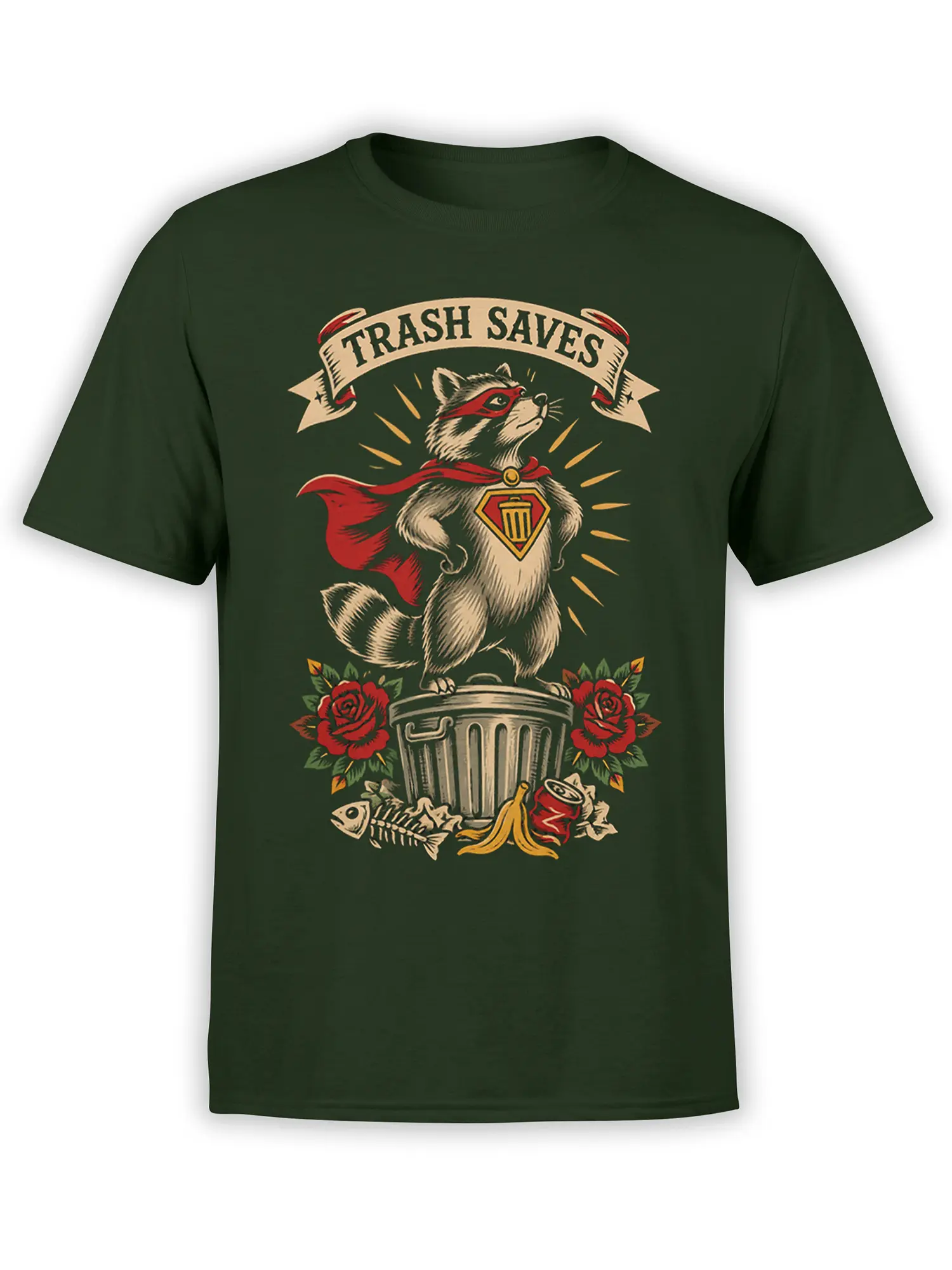 Vintage superhero raccoon graphic with red cape, roses, and “TRASH SAVES” banner on a green T-shirt