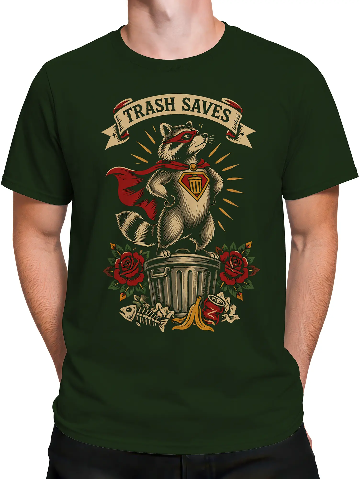 Male torso wearing a green T-shirt with masked raccoon superhero and “TRASH SAVES” artwork