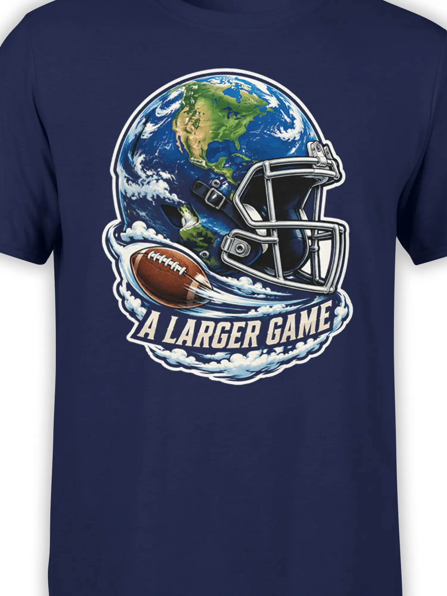 Close-up of Earth helmet football graphic on a navy T-shirt with clouds and flying football