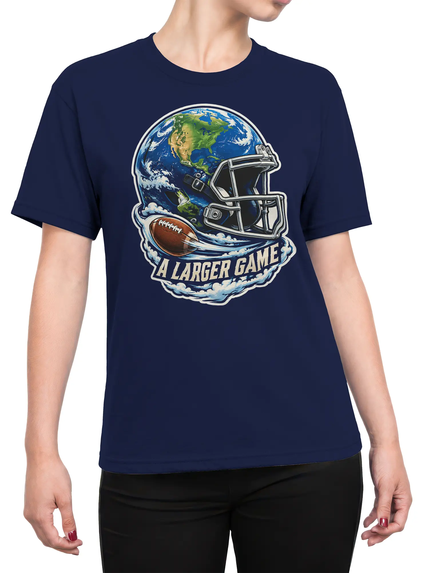 Female torso wearing navy football T-shirt with Earth helmet graphic and flying football design