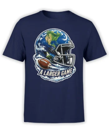 Front view of navy football T-shirt with an Earth helmet, flying football, clouds, and bold lettering