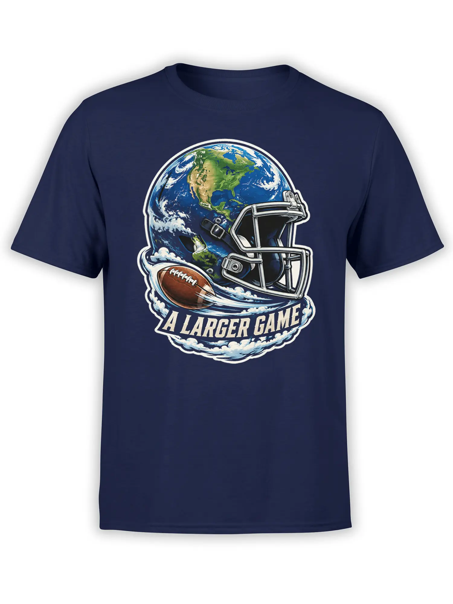 Front view of navy football T-shirt with an Earth helmet, flying football, clouds, and bold lettering