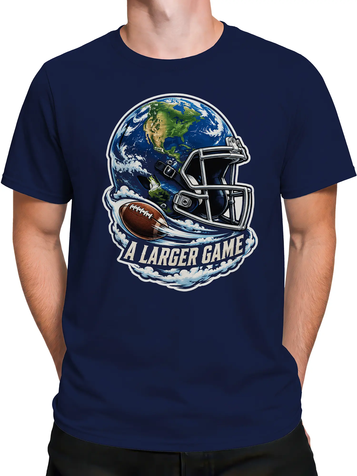 Male torso wearing navy football T-shirt with Earth helmet and game-day football graphic