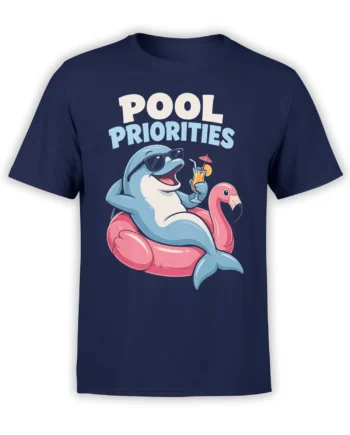 Navy T-shirt with a sunglasses-wearing dolphin holding a tropical drink on a pink flamingo float
