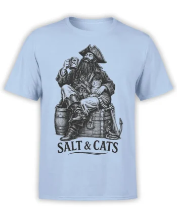 Light blue T-shirt with a bearded pirate captain, striped cat, treasure chest, anchor, and SALT & CATS design