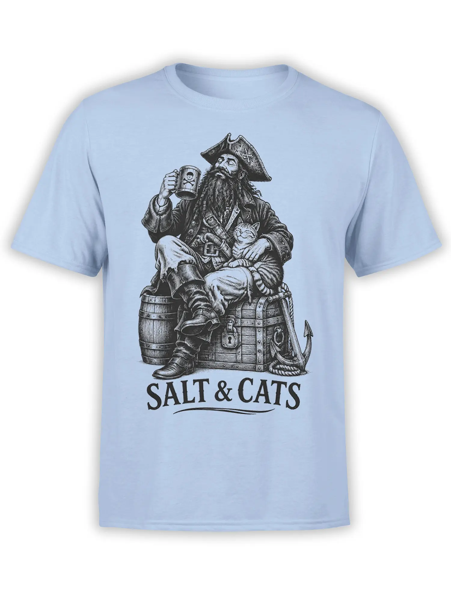 Light blue T-shirt with a bearded pirate captain, striped cat, treasure chest, anchor, and SALT & CATS design