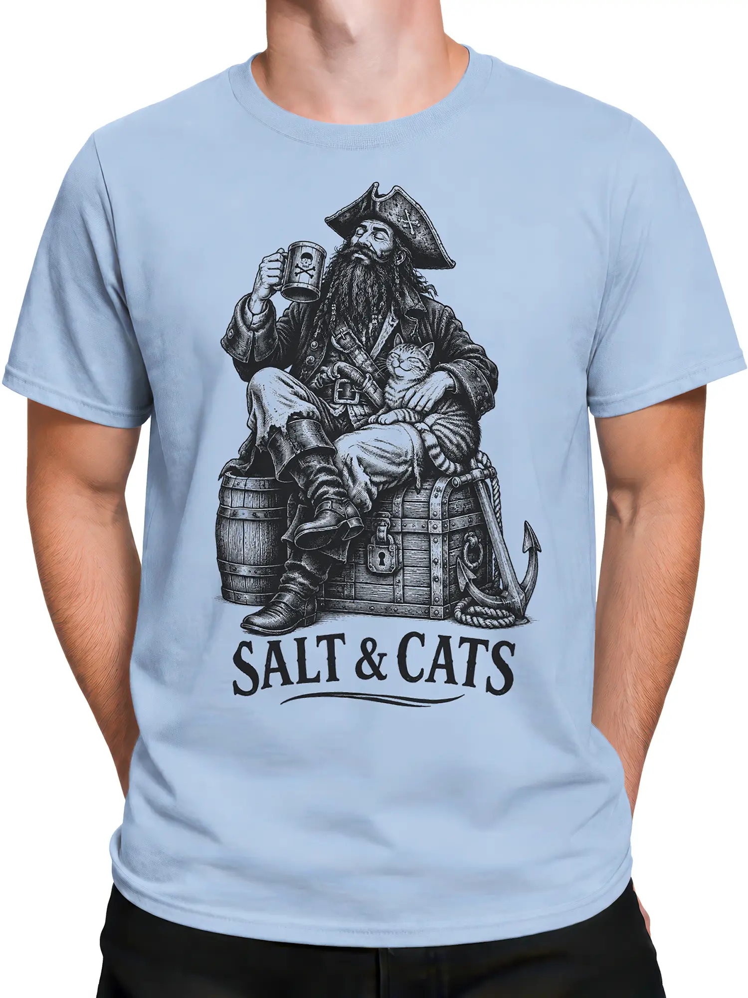 Male torso wearing a light blue pirate cat T-shirt with nautical captain and treasure chest artwork