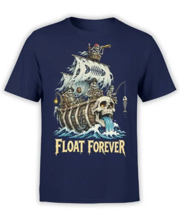 Skeleton crew sailing a skull-shaped ship with “Float Forever” text on a navy pirate T-shirt