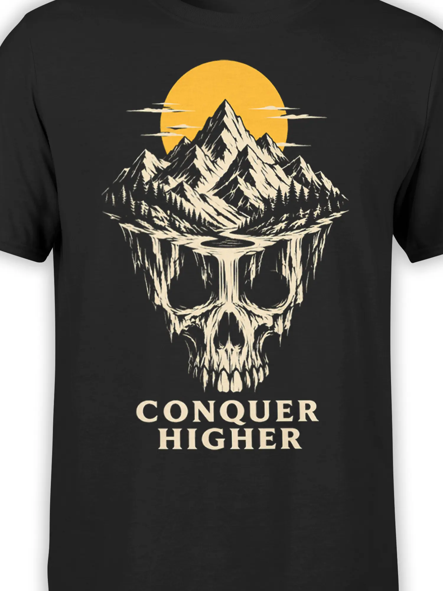 Close-up of skull mountain artwork and Conquer Higher text on a black T-shirt