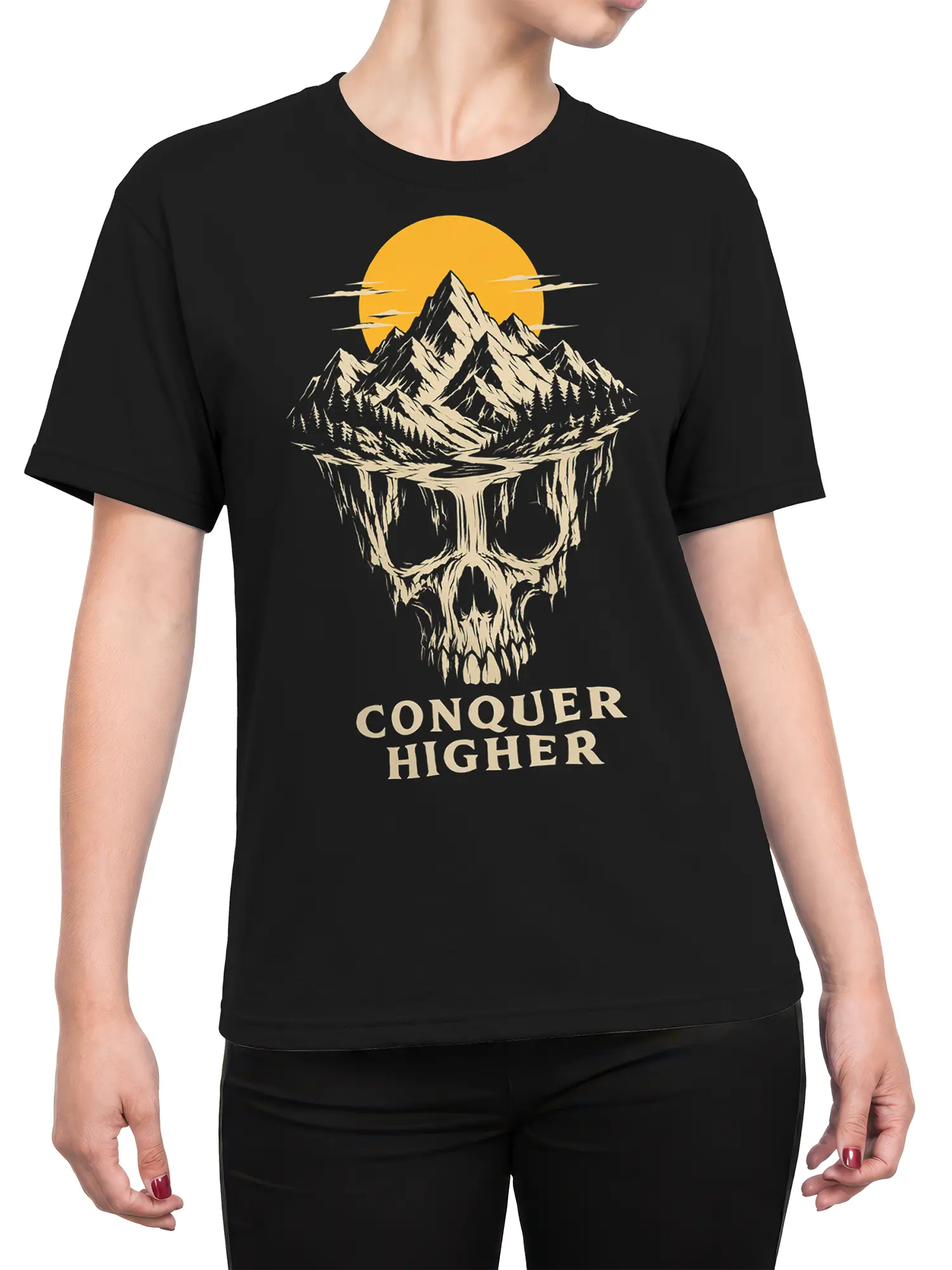 Female torso wearing a black skull mountain T-shirt with Conquer Higher artwork