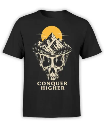 Black T-shirt with a skull mountain landscape, golden sun, and Conquer Higher graphic
