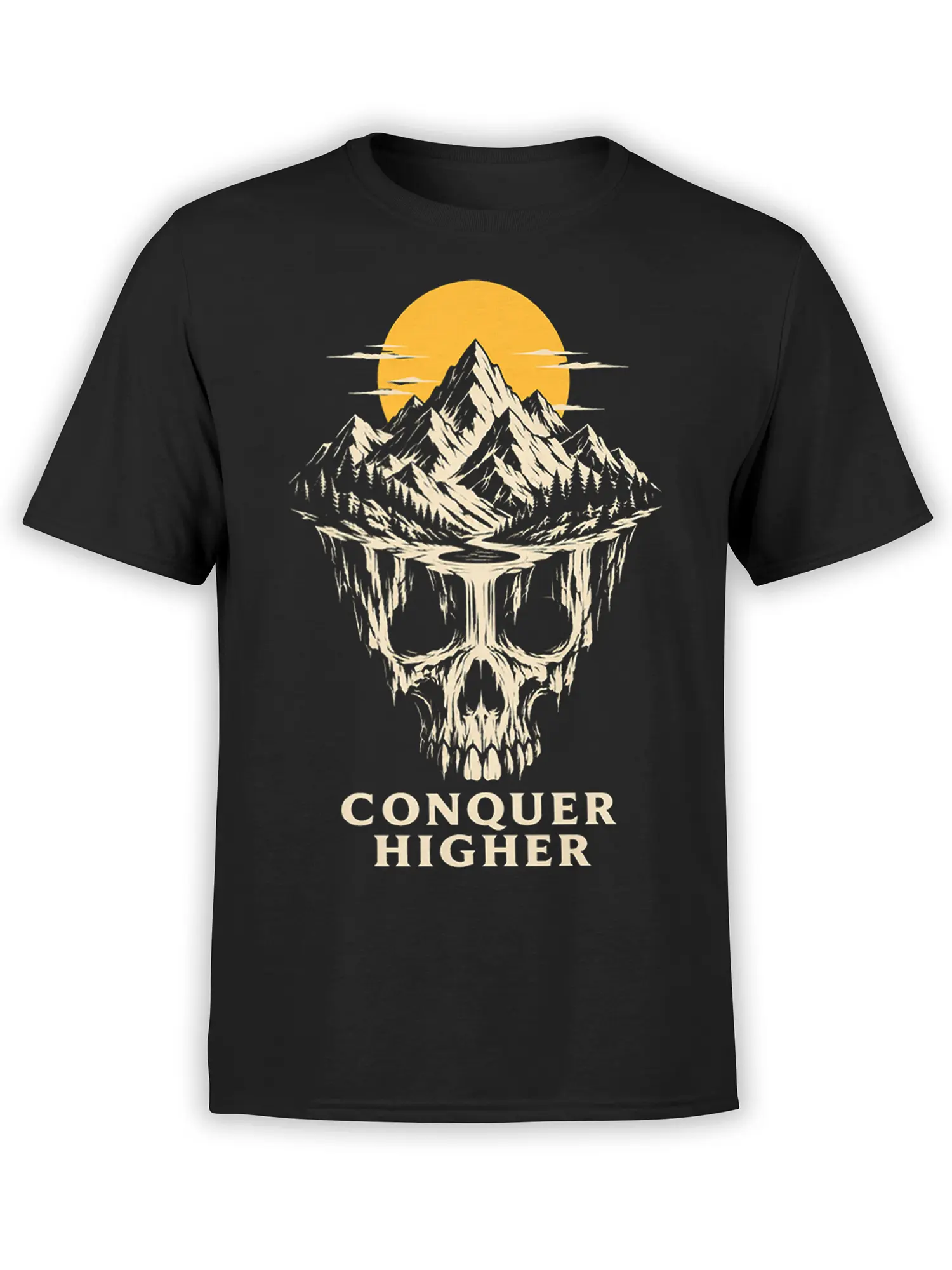 Black T-shirt with a skull mountain landscape, golden sun, and Conquer Higher graphic