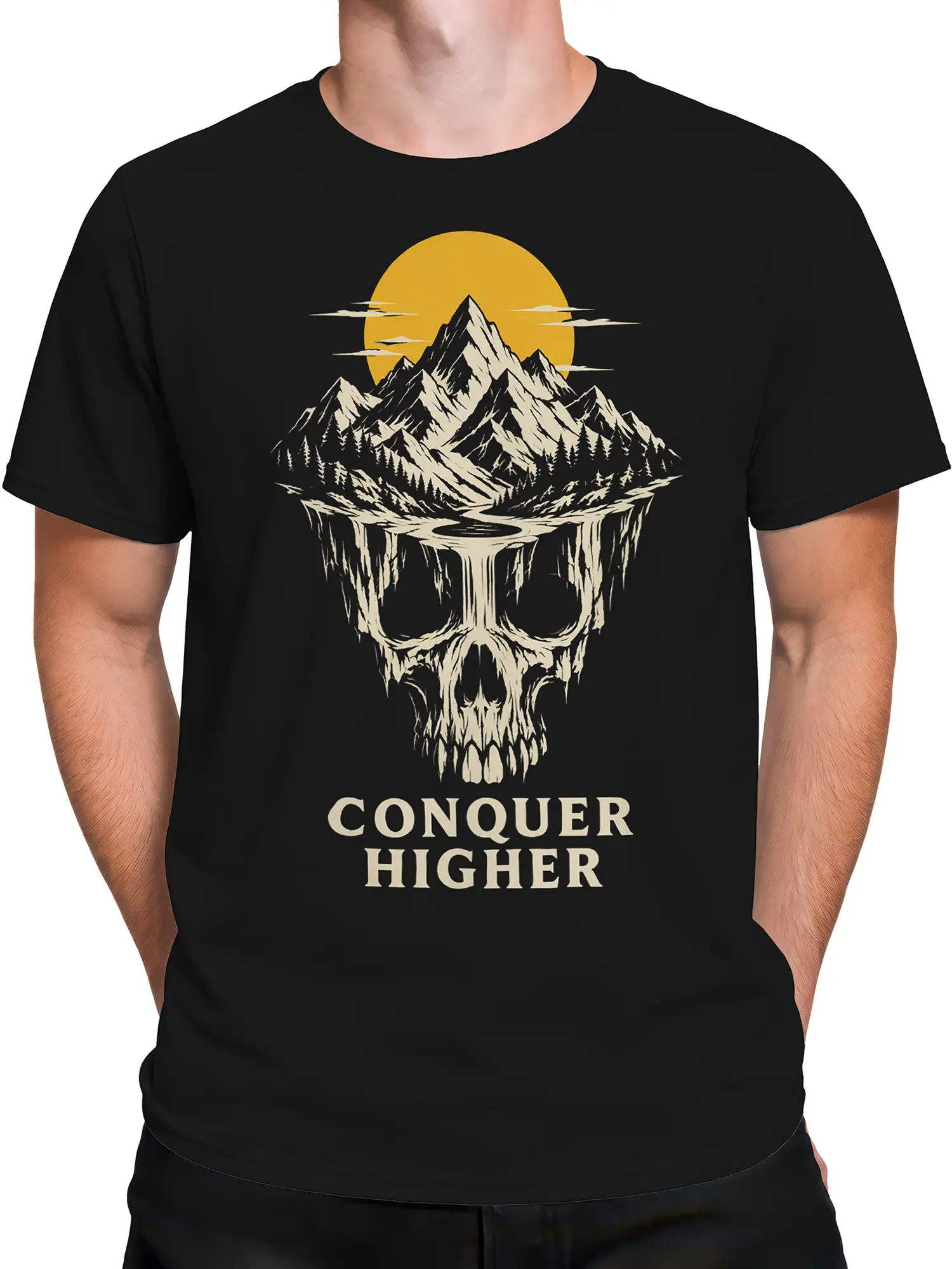 Male torso wearing a black mountain skull graphic T-shirt with bold lettering