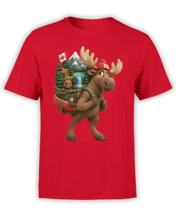 Red T-shirt with a moose carrying a bear and outdoor pack in a Canadian mountain landscape