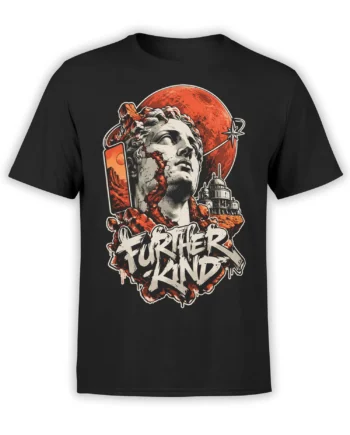Black T-shirt with cracked classical marble bust, red planet landscape, and “FURTHER KIND” graphic