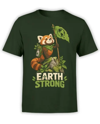 Red panda hiking graphic with Earth Strong lettering and a leafy globe flag on a dark green T-shirt