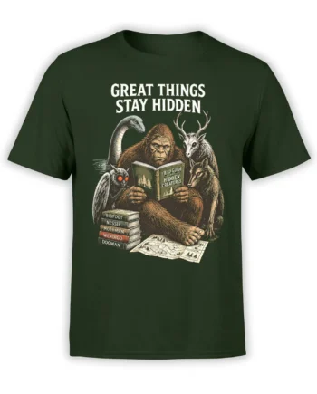 Green cryptid T-shirt with hidden creatures reading a field guide beneath the phrase Great Things Stay Hidden