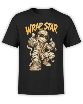 Black mummy graphic T-shirt with sunglasses, gold chains, crown, sneakers, and bold WRAP STAR lettering