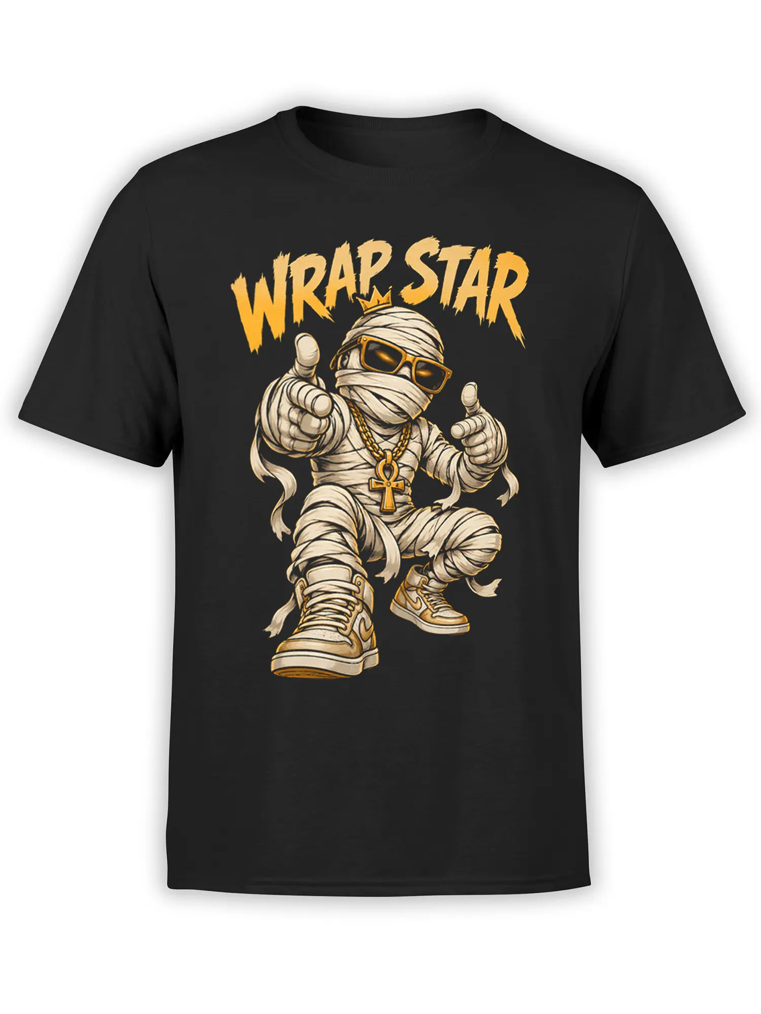 Black mummy graphic T-shirt with sunglasses, gold chains, crown, sneakers, and bold WRAP STAR lettering