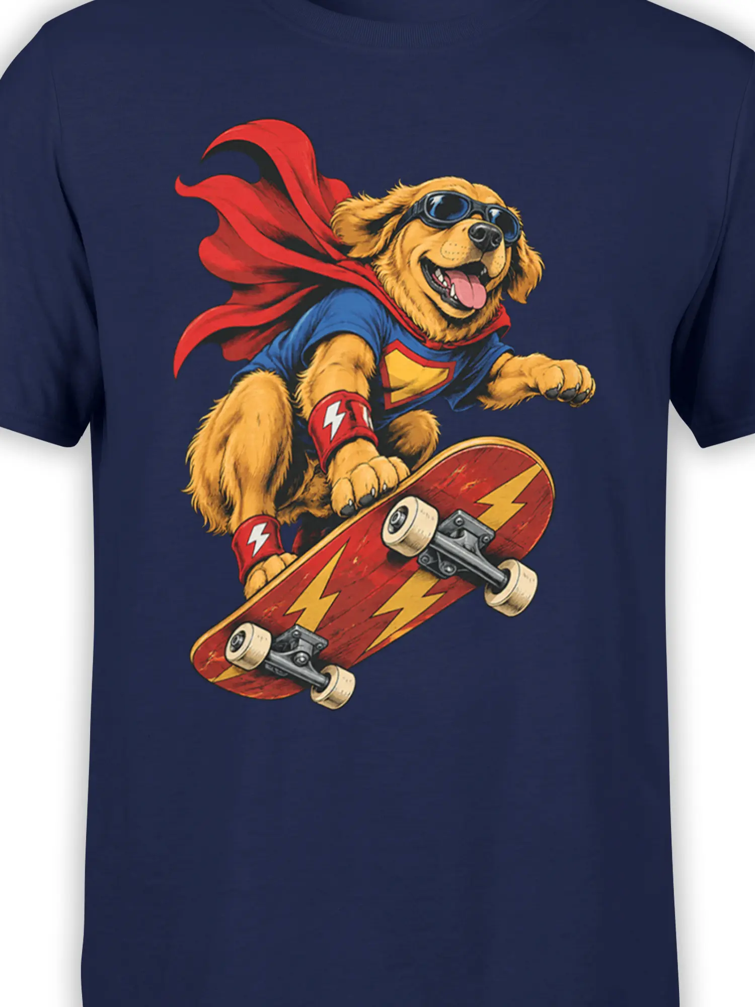 Close-up of a goggle-wearing dog superhero graphic with red cape and lightning skateboard on navy fabric