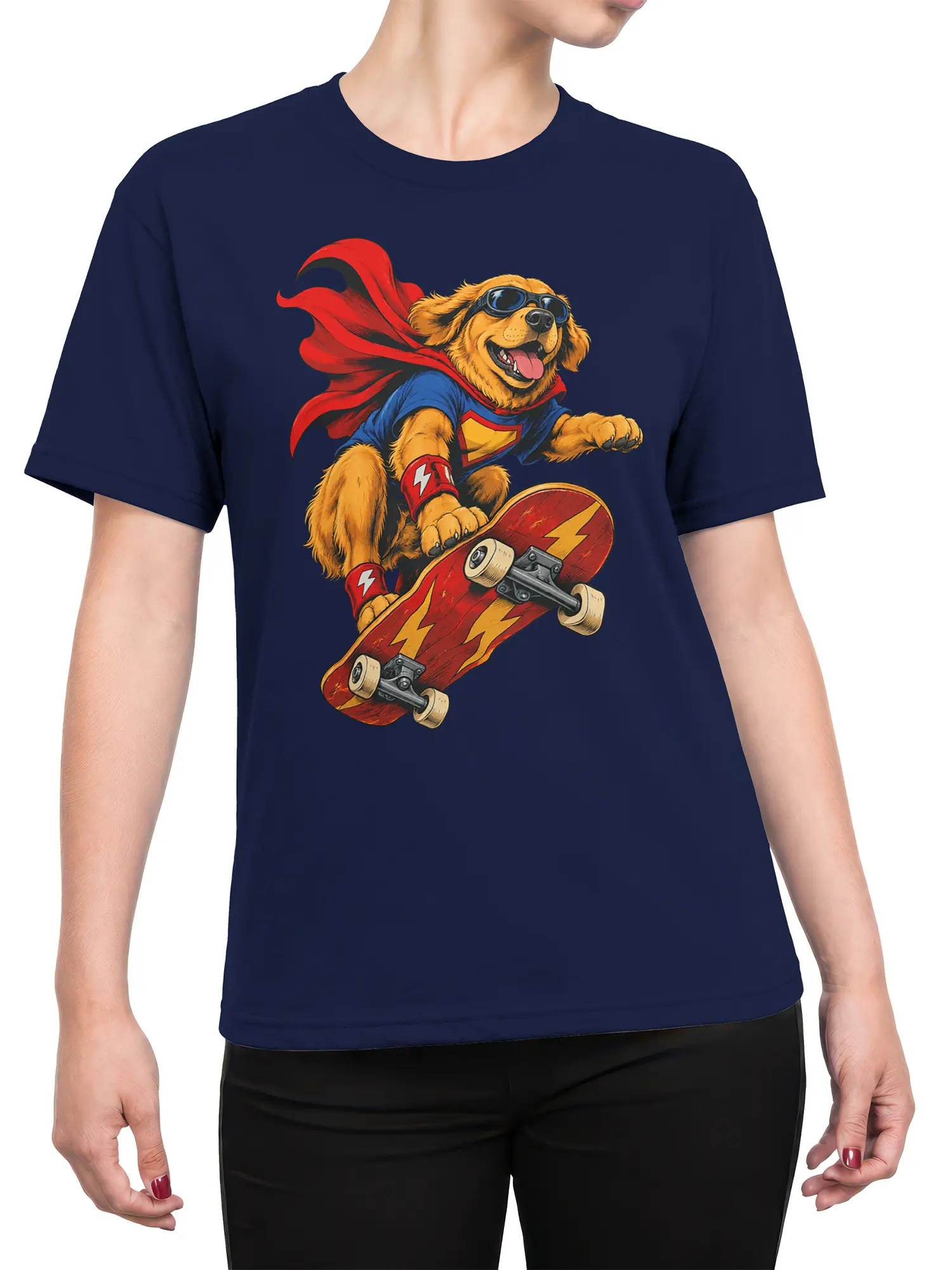 Female torso wearing a navy T-shirt with a caped dog in goggles riding a lightning skateboard