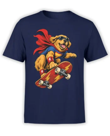 Heroic dog wearing goggles and a red cape while riding a lightning skateboard on a navy T-shirt