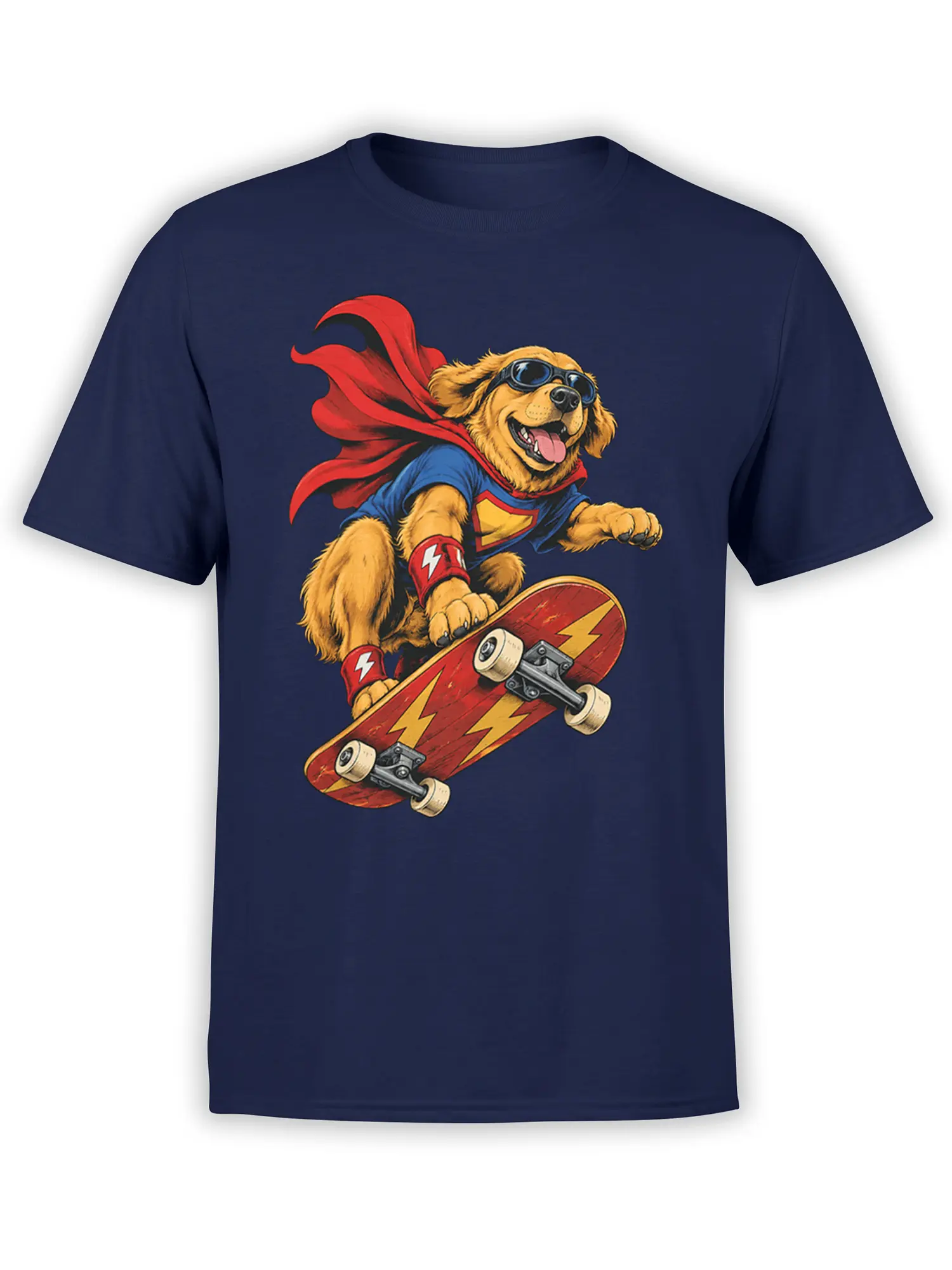Heroic dog wearing goggles and a red cape while riding a lightning skateboard on a navy T-shirt