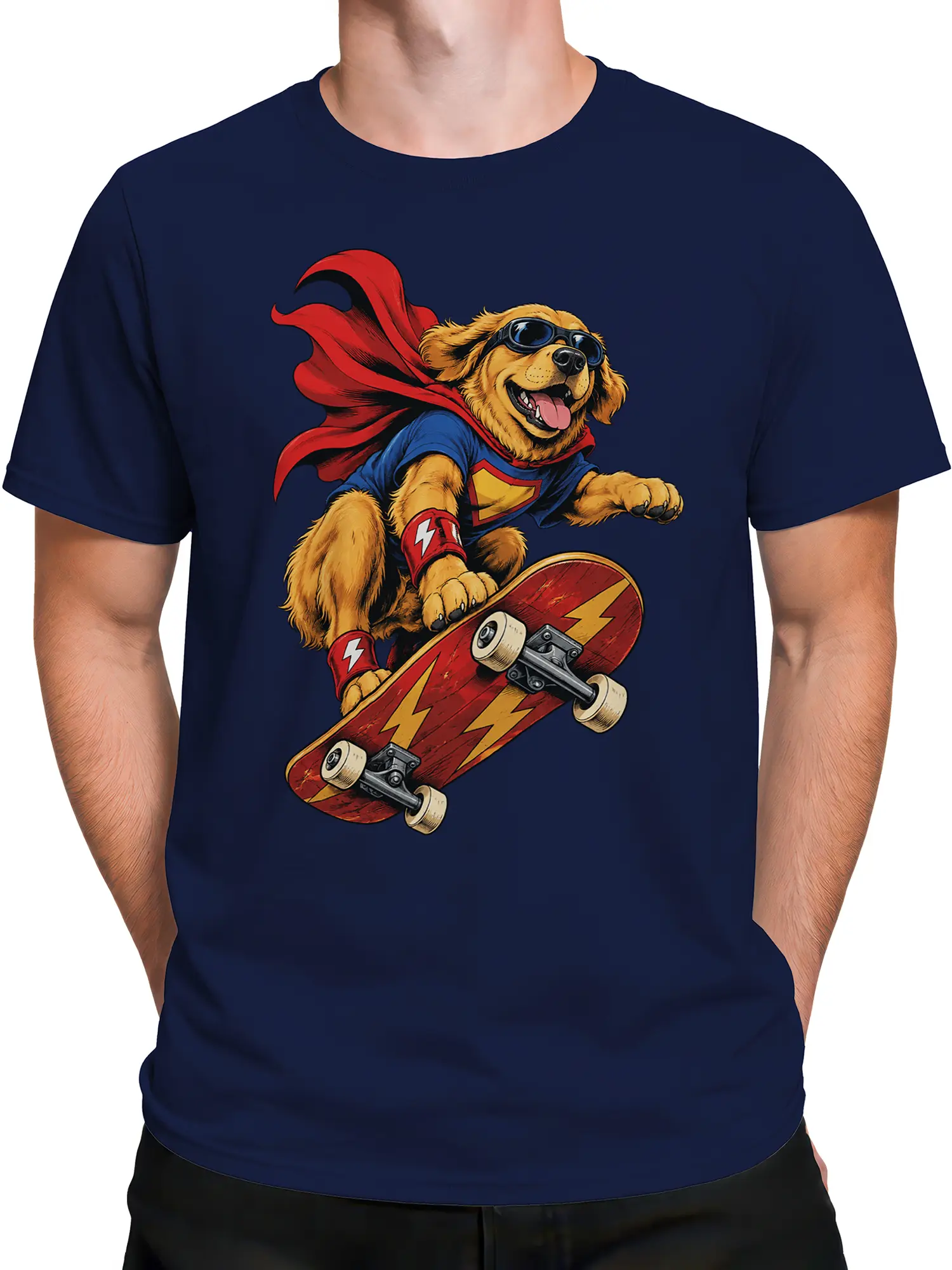 Male torso wearing a navy T-shirt with a heroic goggle-wearing dog and red skateboard