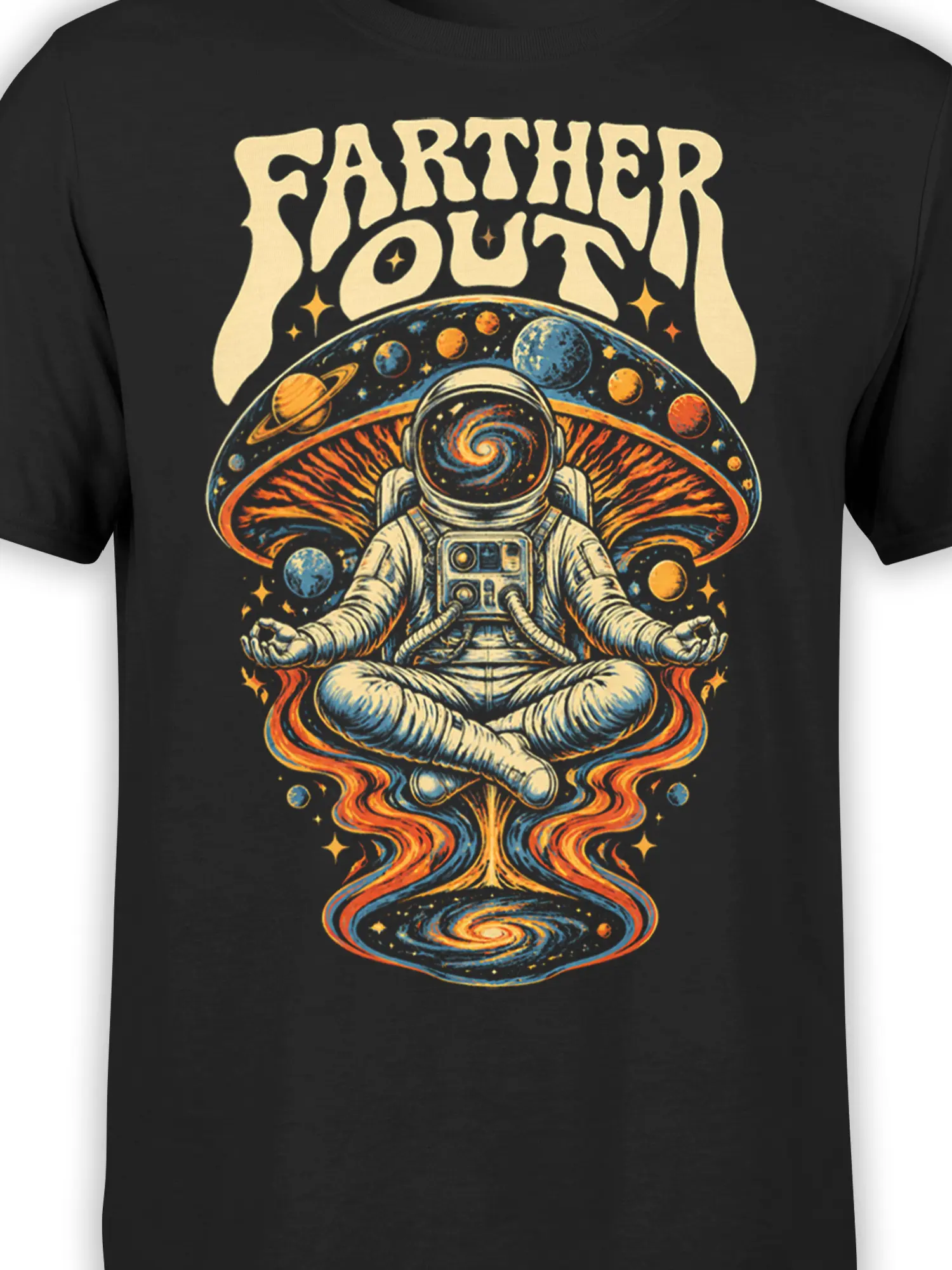 Close-up of the astronaut helmet, planets, stars, and orange-blue cosmic artwork on a black T-shirt