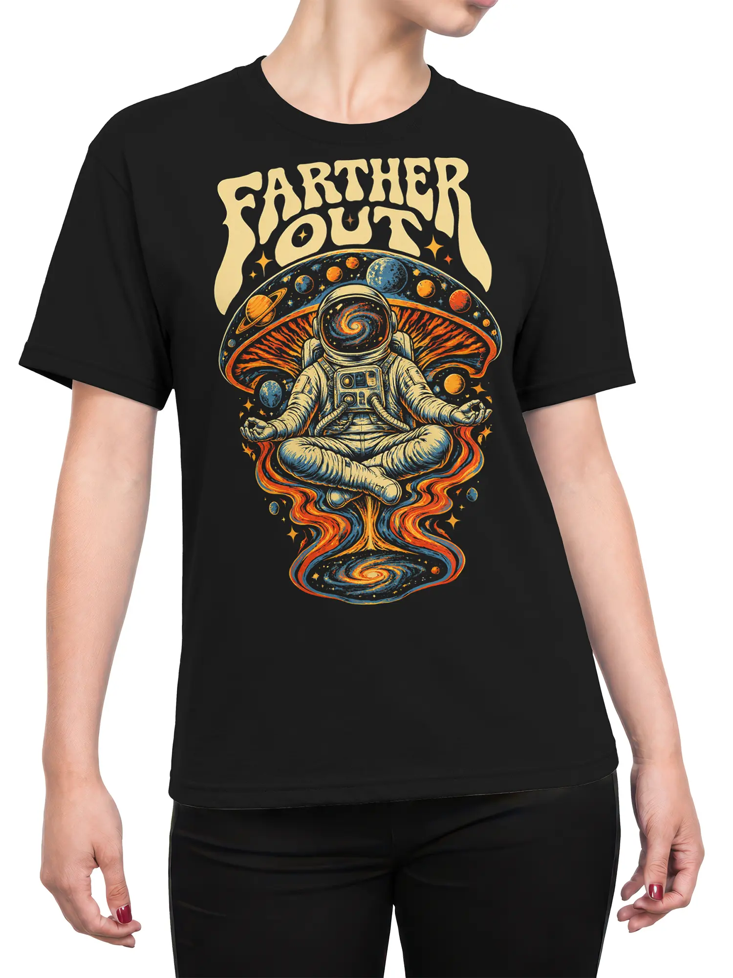 Female torso wearing a black astronaut T-shirt with planets, stars, and colorful cosmic meditation artwork
