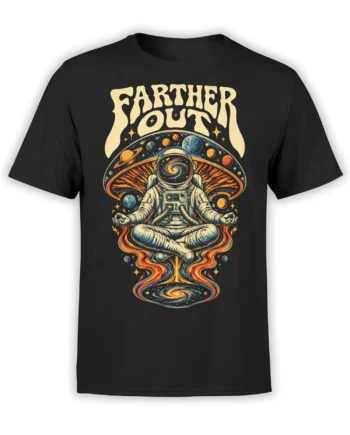 Black T-shirt with a meditating astronaut, planets, stars, and swirling orange-blue cosmic energy