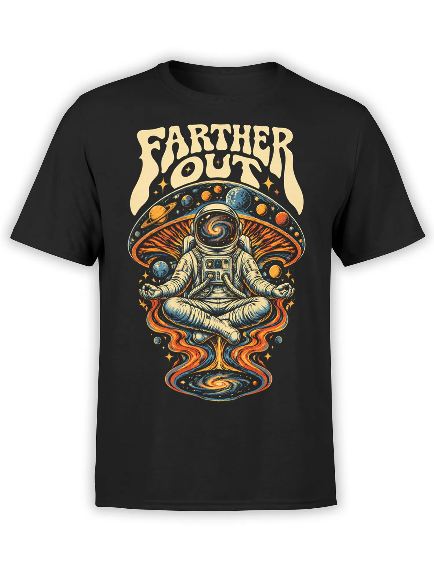 Black T-shirt with a meditating astronaut, planets, stars, and swirling orange-blue cosmic energy