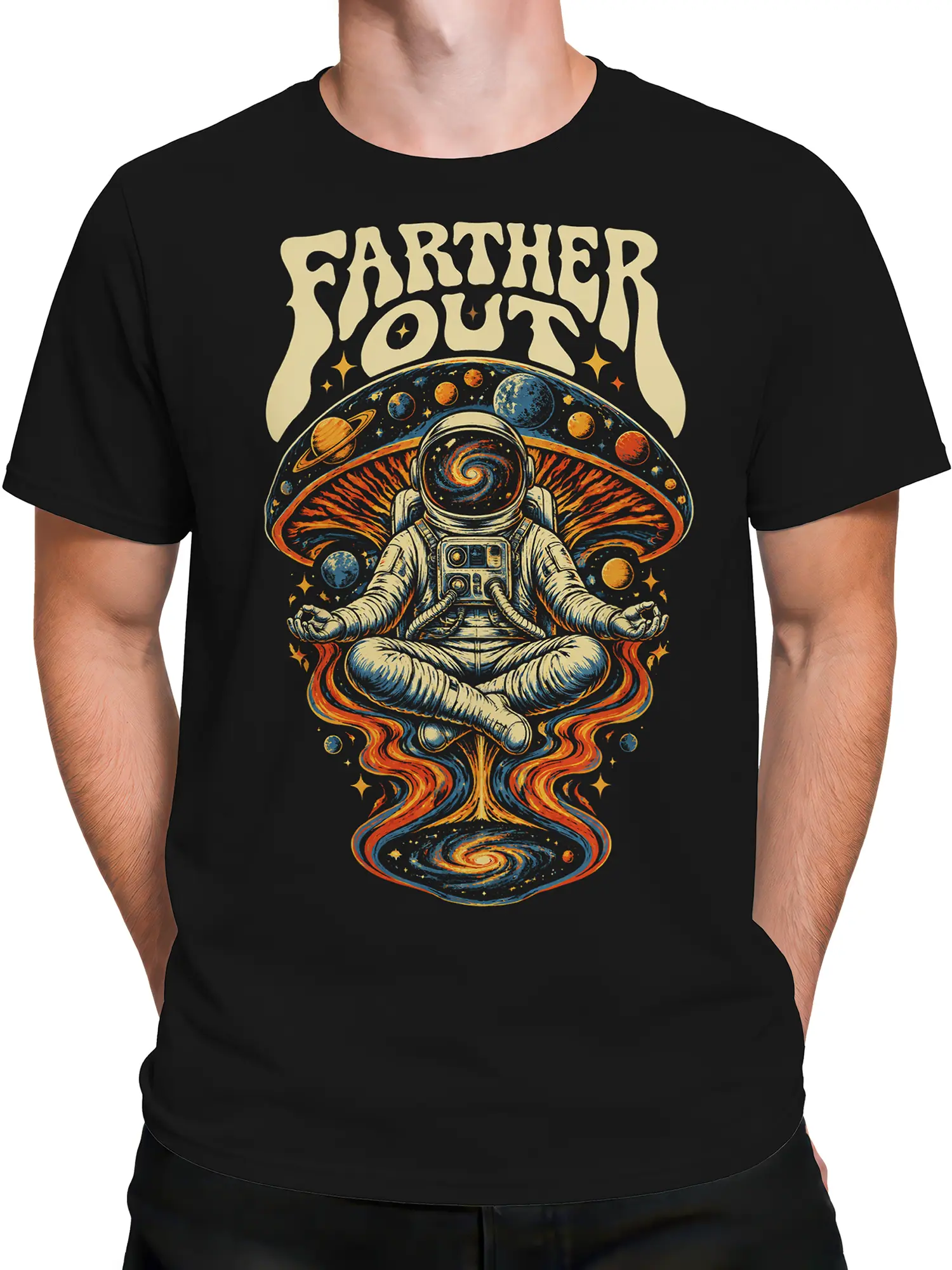 Male torso wearing a black space T-shirt with a meditating astronaut and colorful planetary artwork