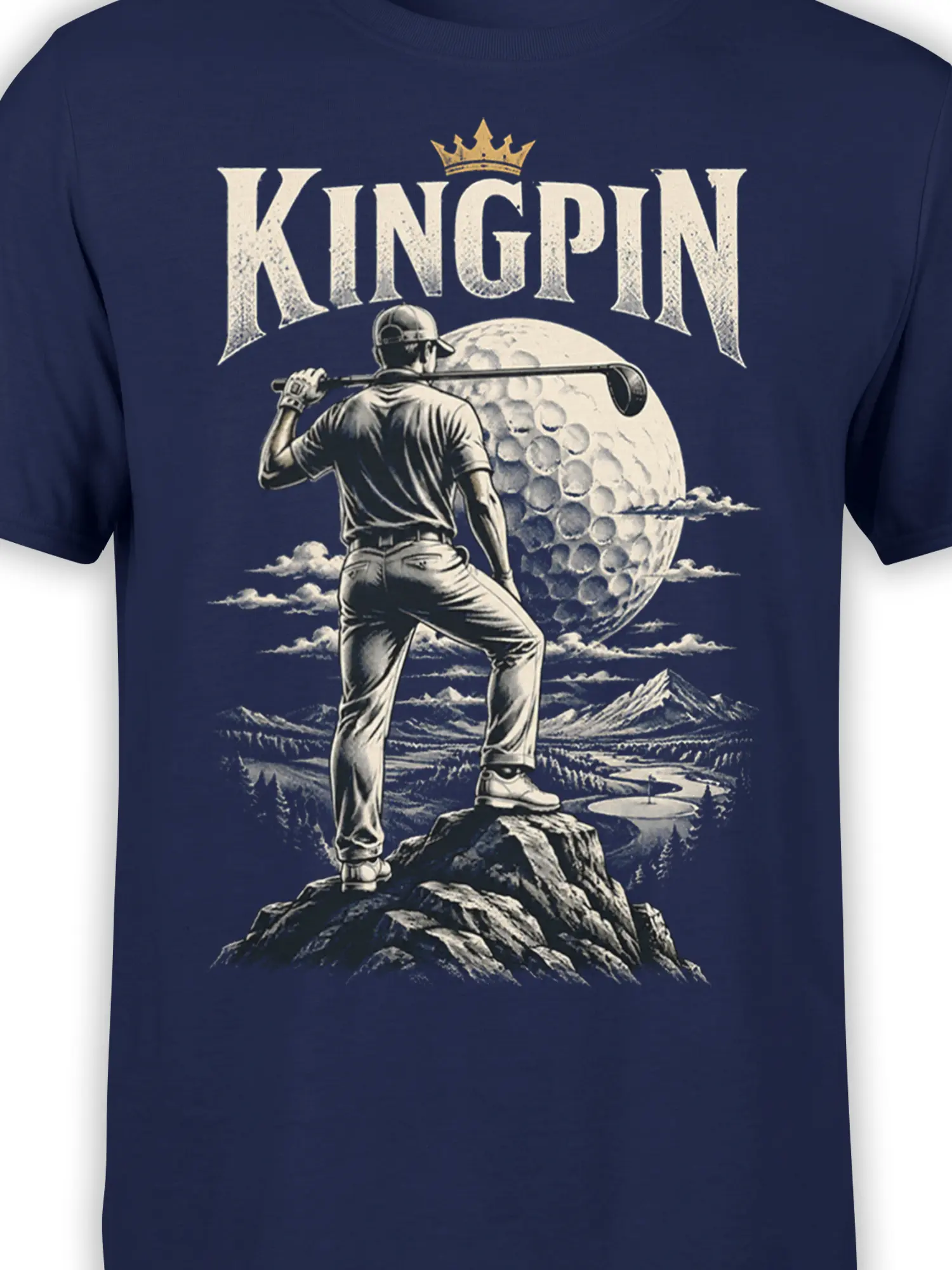 Close-up of crowned golfer, golf club, giant dimpled ball, and KINGPIN lettering on a navy shirt