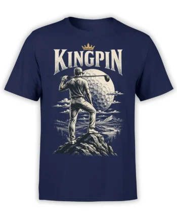 Crowned golfer holding a club before a giant moon-like golf ball and mountains on a navy shirt