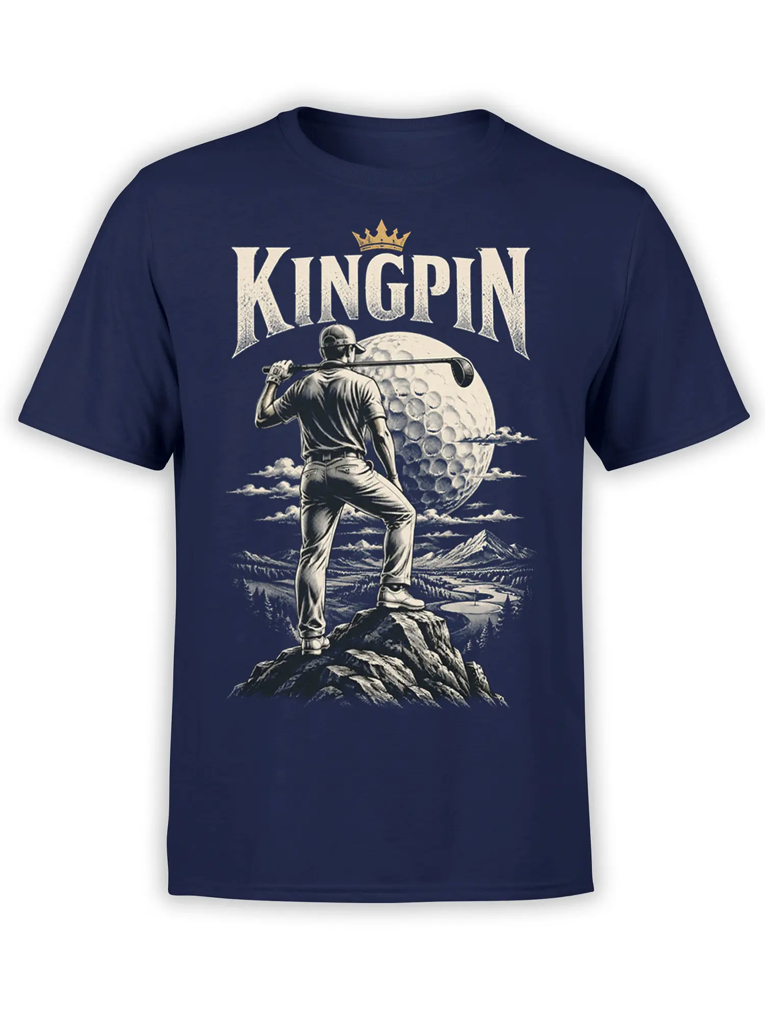Crowned golfer holding a club before a giant moon-like golf ball and mountains on a navy shirt