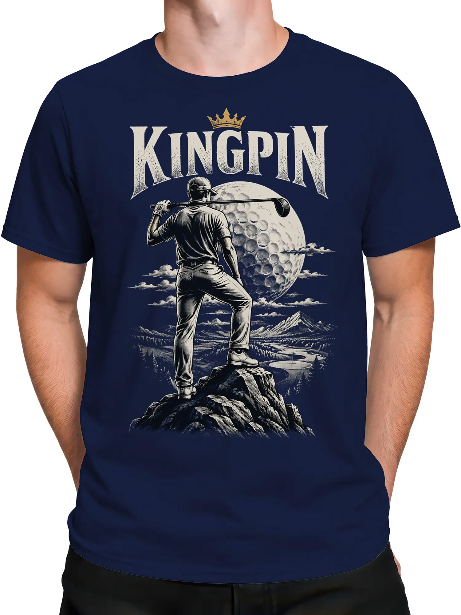 Male torso wearing a navy shirt with crowned golfer, giant golf ball, mountains, and KINGPIN artwork
