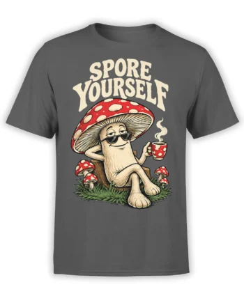 Dark gray mushroom T-shirt with sunglasses, coffee mug, forest grass, and “Spore Yourself” lettering