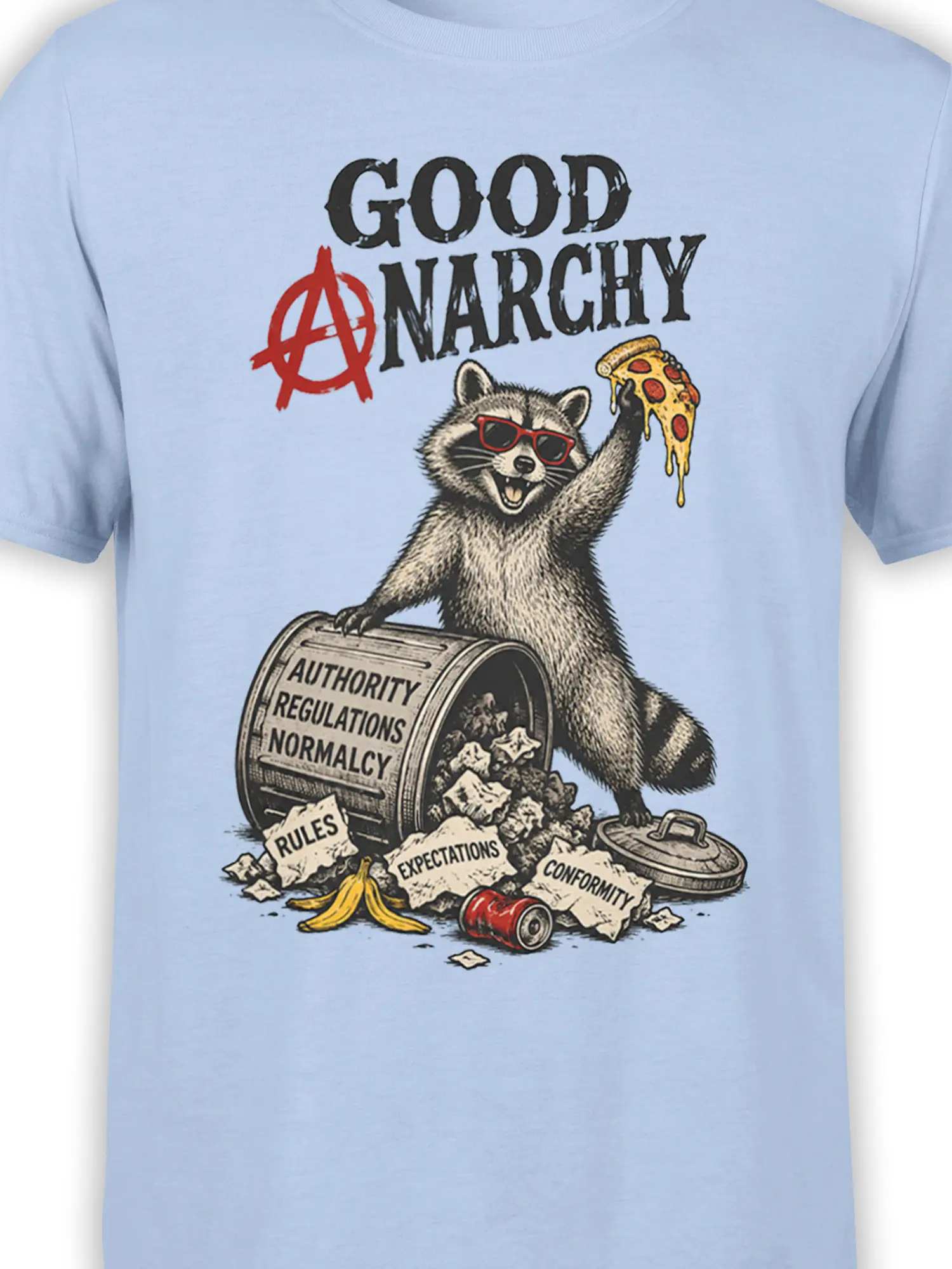 Close-up of raccoon in red sunglasses holding dripping pizza on a light blue rebel graphic tee