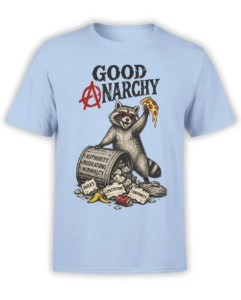 Light blue graphic tee with a red-sunglasses raccoon holding dripping pizza above broken rules and conformity