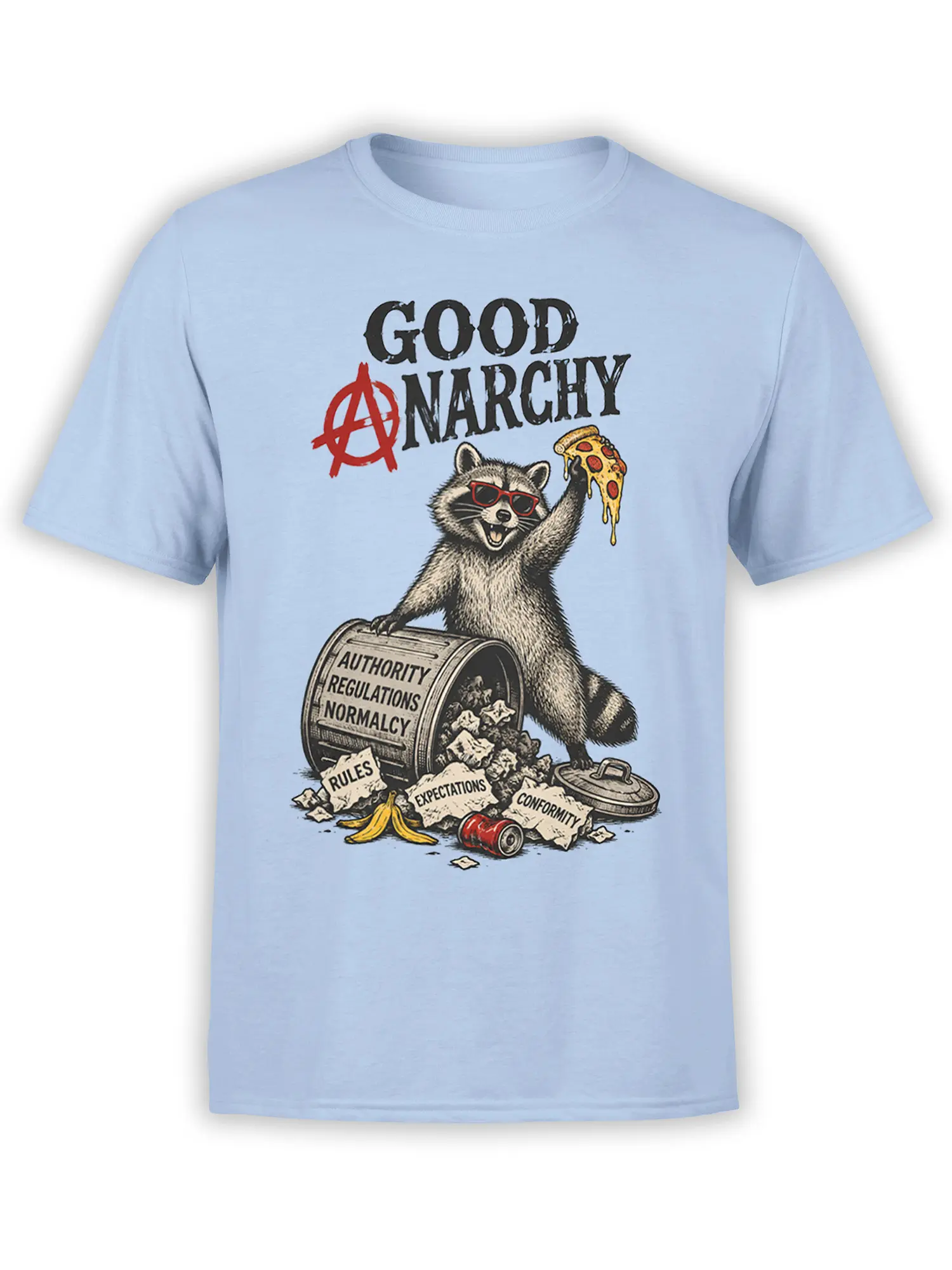 Light blue graphic tee with a red-sunglasses raccoon holding dripping pizza above broken rules and conformity