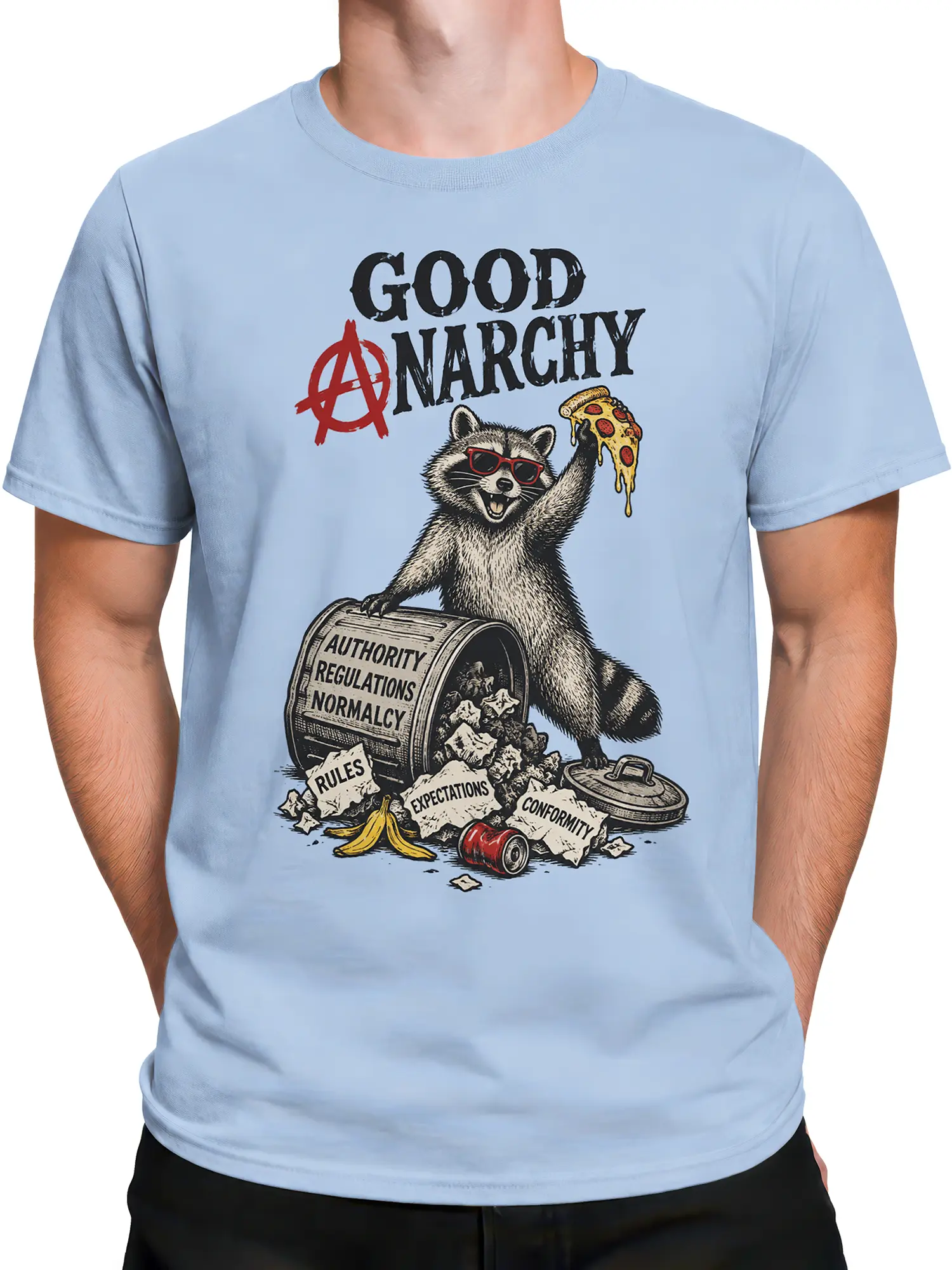 Male torso wearing a light blue raccoon graphic tee with pizza and anti-authority artwork